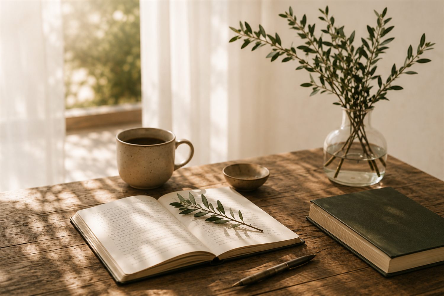Libro abierto con una ramita de olivo y una taza junto a una ventana