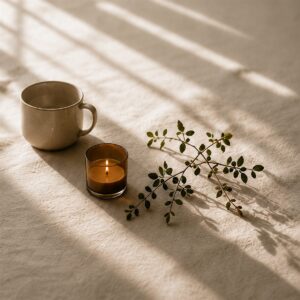 Taza, vela y rama de olivo sobre lino con luz natural